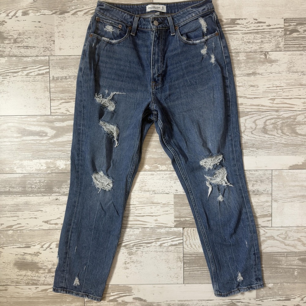 Abercrombie & Fitch Jeans Womens 10R Blue High Rise Mom Relaxed Distressed Denim